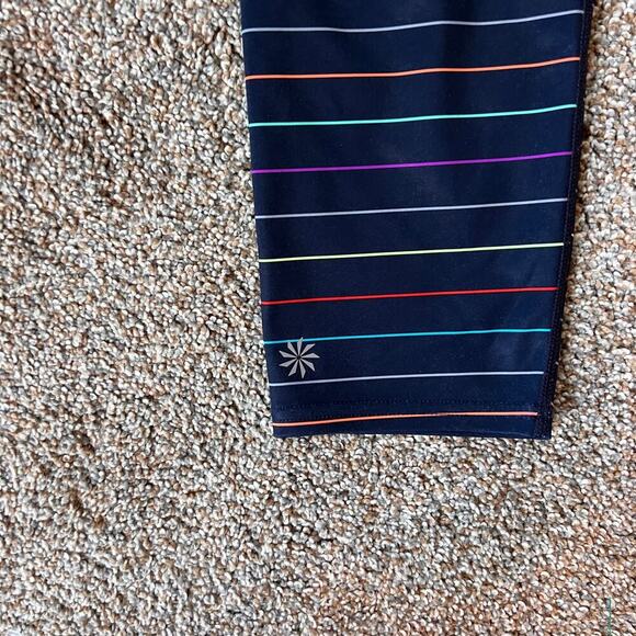 Athleta Multi Stripe Sonar Rainbow Navy Capri Crop Leggings. Size Small - Picture 6 of 7